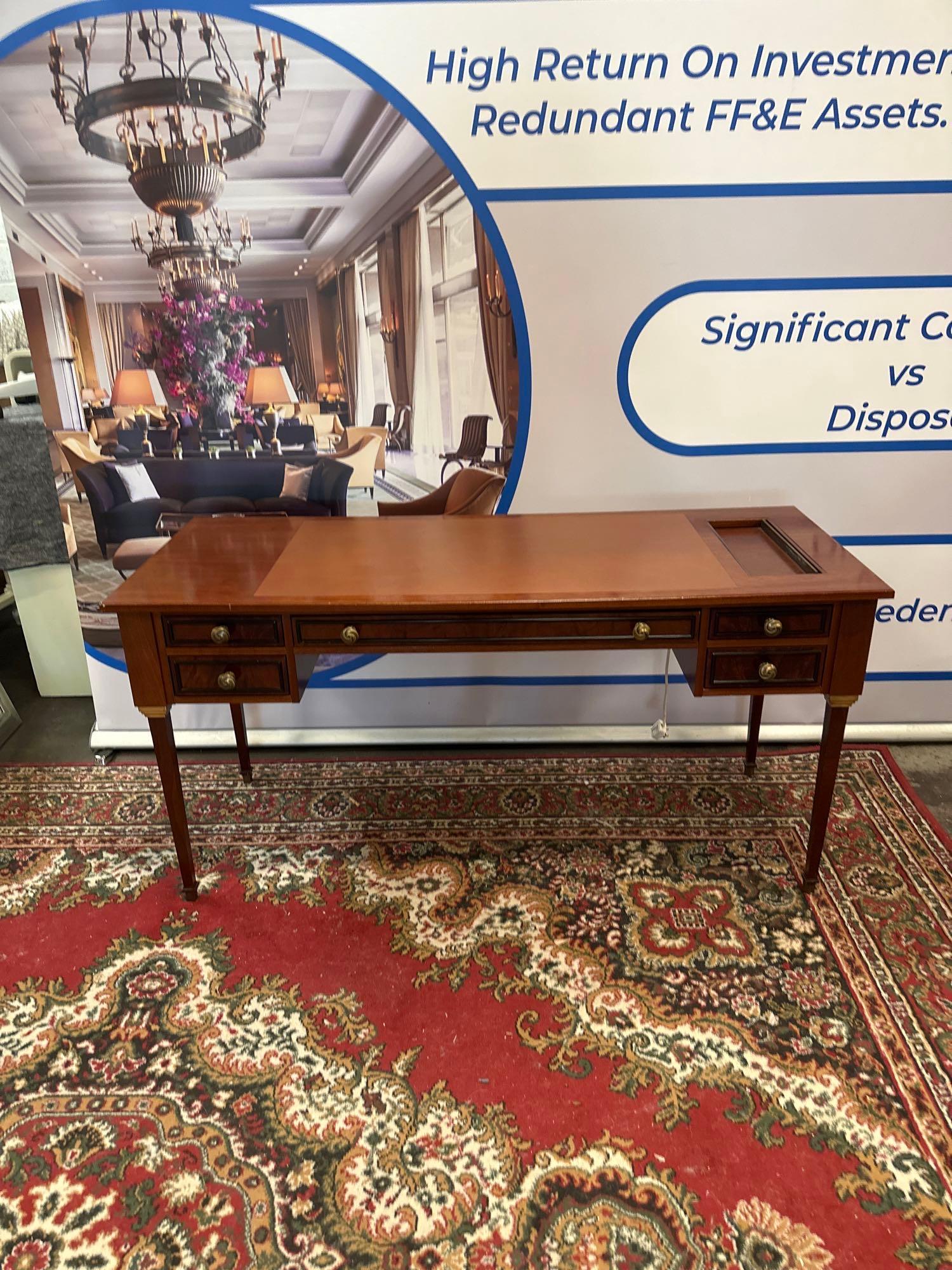 Bespoke For Mandarin Oriental London Writing Desk On Tapering Legs With Brown Leather Inlay, 3 Lined