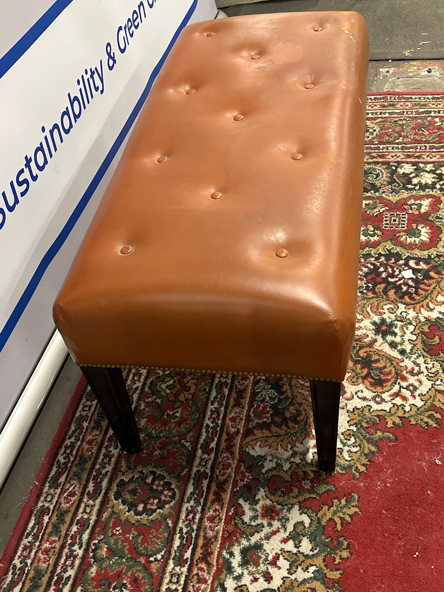 A Tufted Leather Dressing Bench On Hardwood Frame With Scroll Apron In Antique Tan Leather 100 x - Image 4 of 5