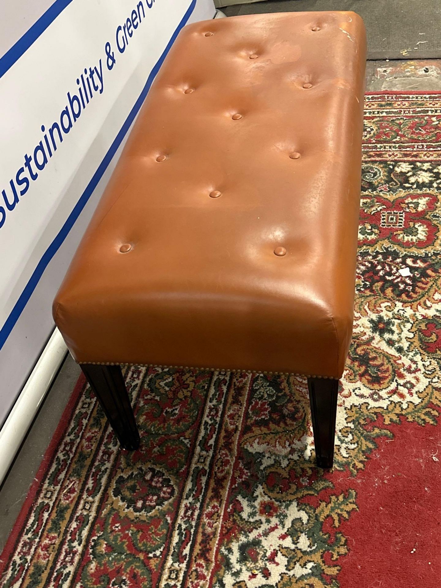 A Tufted Leather Dressing Bench On Hardwood Frame With Scroll Apron In Antique Tan Leather 100 x - Image 4 of 5