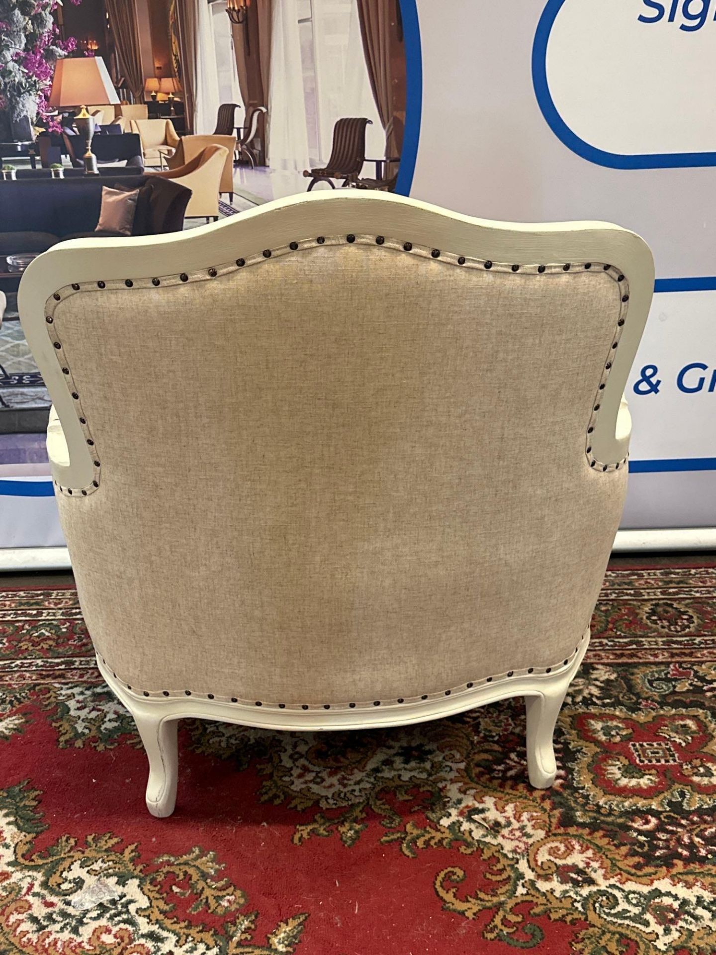 A Pair Of Bergere Chairs White Ornate Wood Frames Upholstered In Natural White Linen With Stud Pin - Image 4 of 4