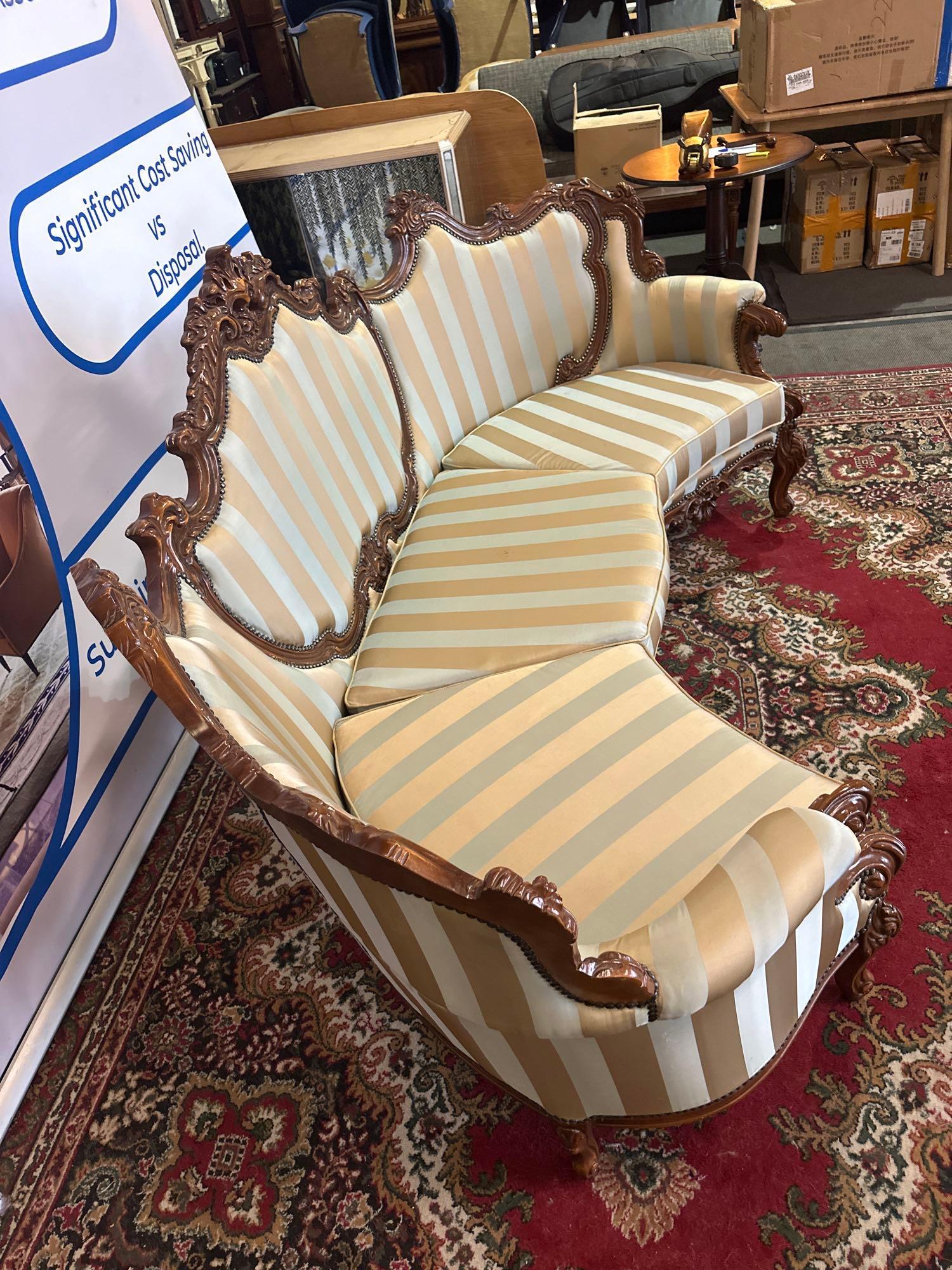 Italian Rococo Style Carved Walnut Finish Curved Three Seat Wingback Sofa, Pierced Cartouche - Image 2 of 7