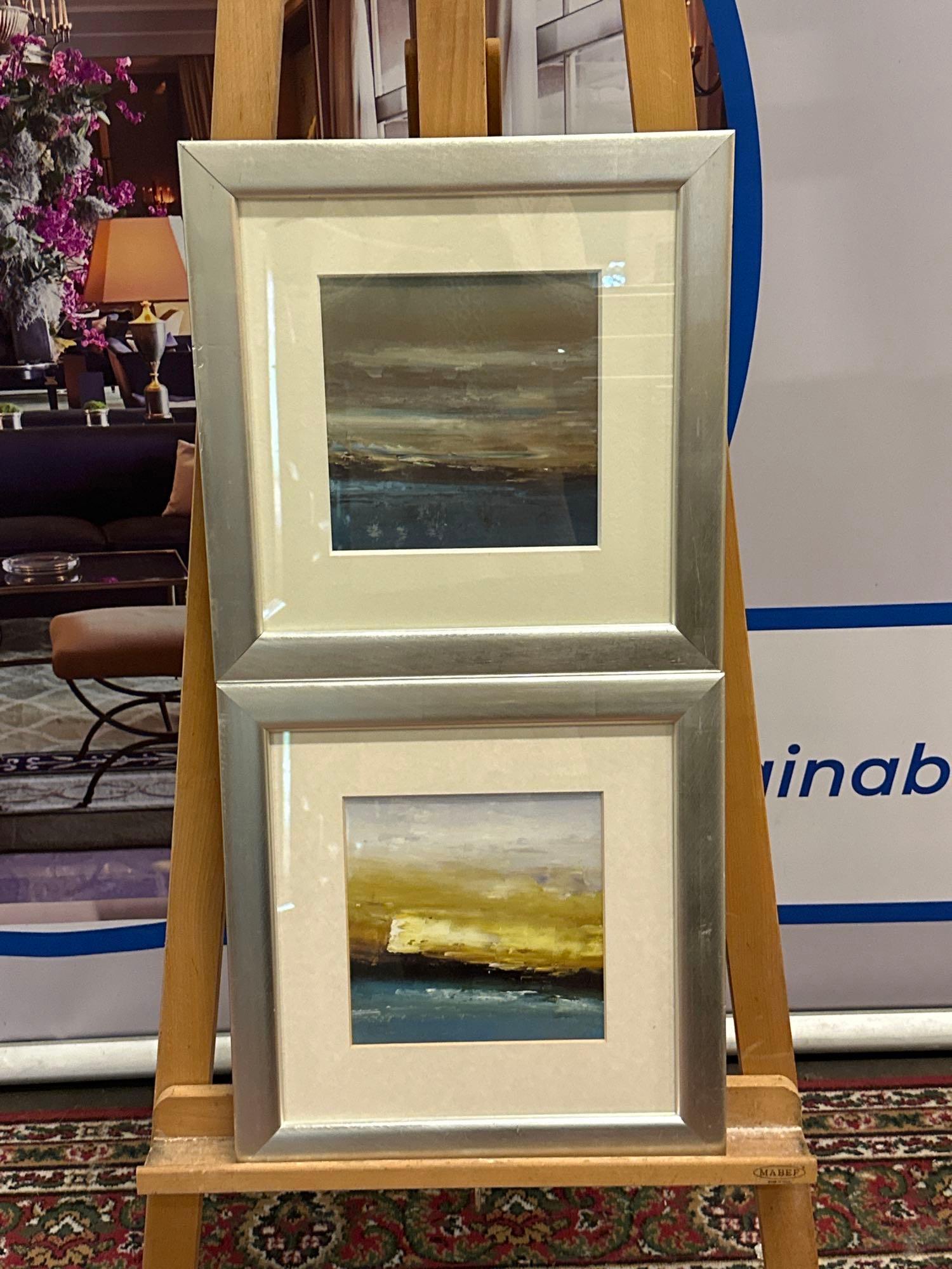 A Set Of 2 x Glazed And Framed Abstract Prints Mounted In A Cushioned Silver Frame 45 x 46cm (Ref