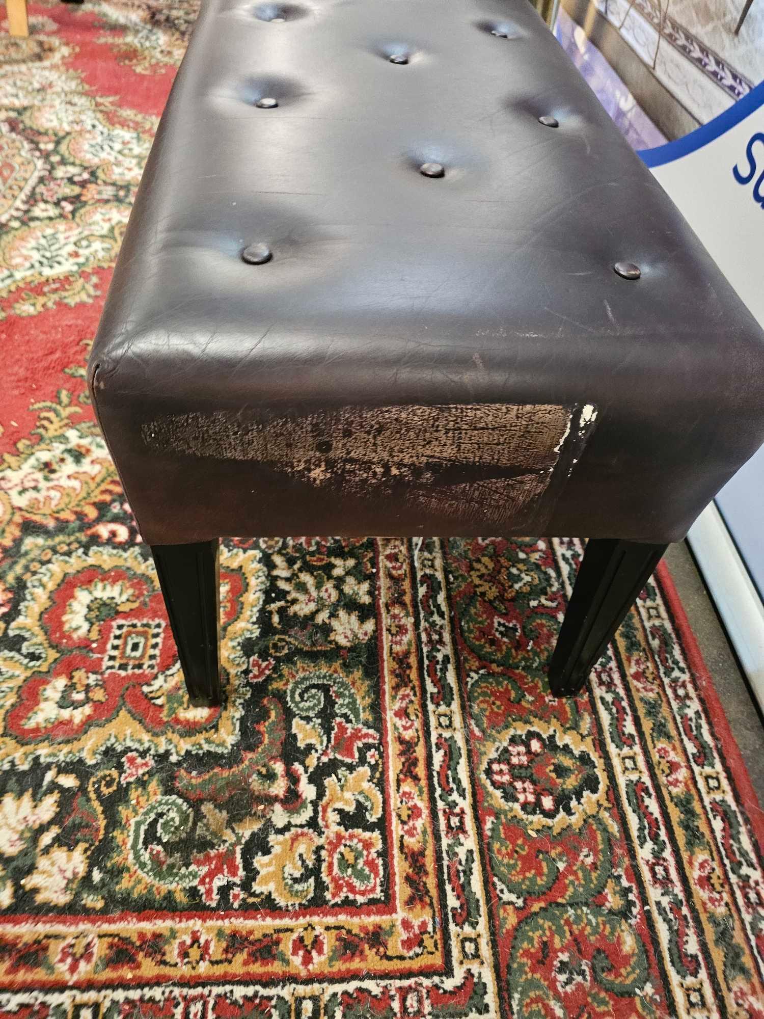 A Tufted Leather Dressing Bench On Hardwood Frame With Scroll Apron In Antique Brown Leather 100 x - Image 4 of 4