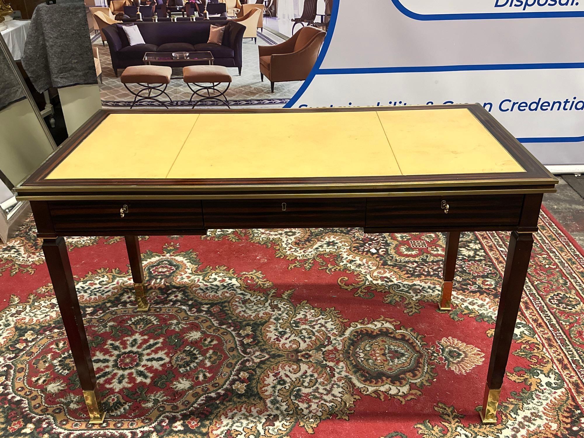 Writing Desk High Gloss Ebony Wood With Tooled Leather Inlay Faux Central Drawer Flanked By Single