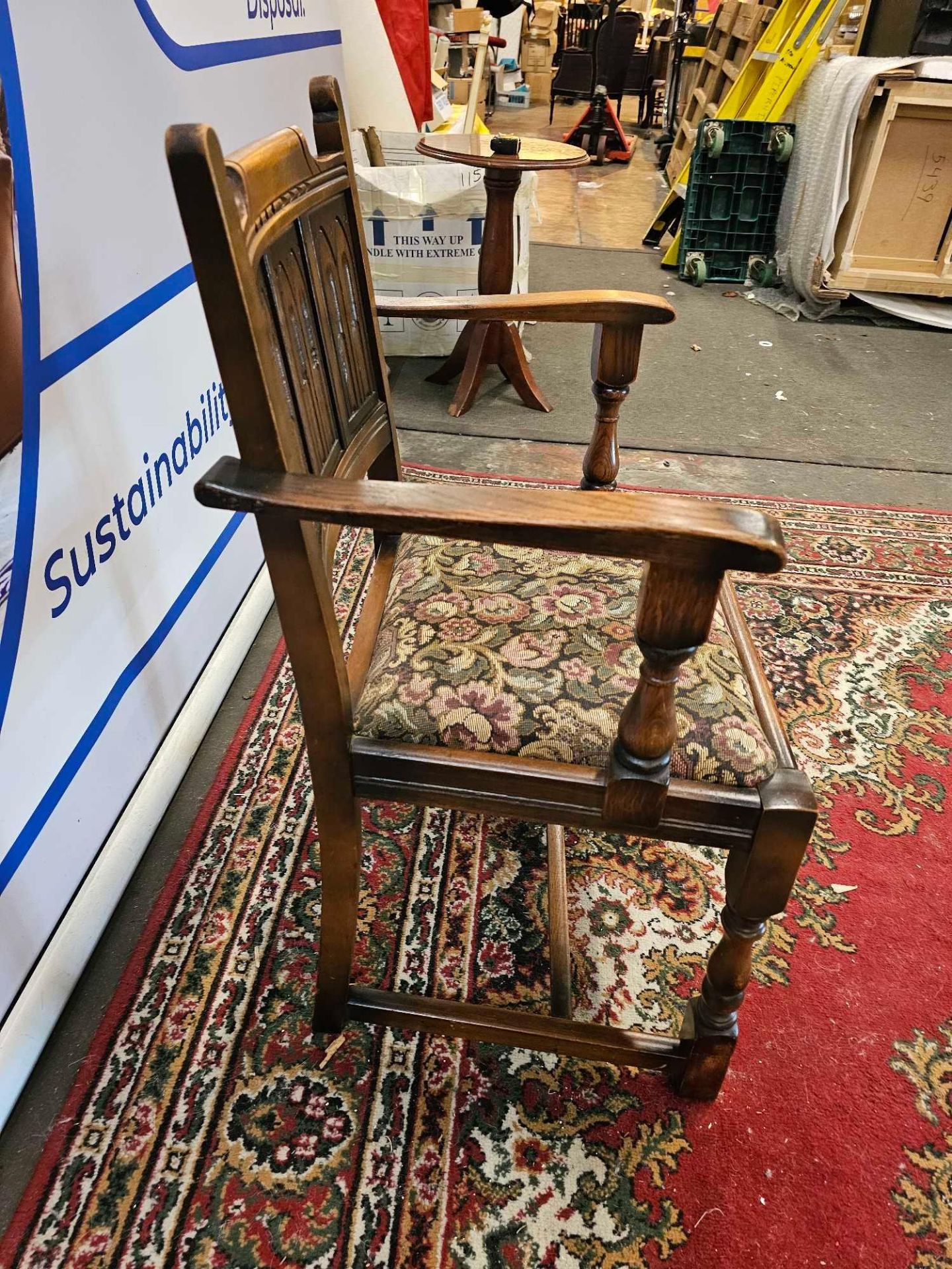 A Pair Of Oak Armchairs The Panelled Carved Back Below A Decorative Top Rail With A Tapestry - Image 3 of 6