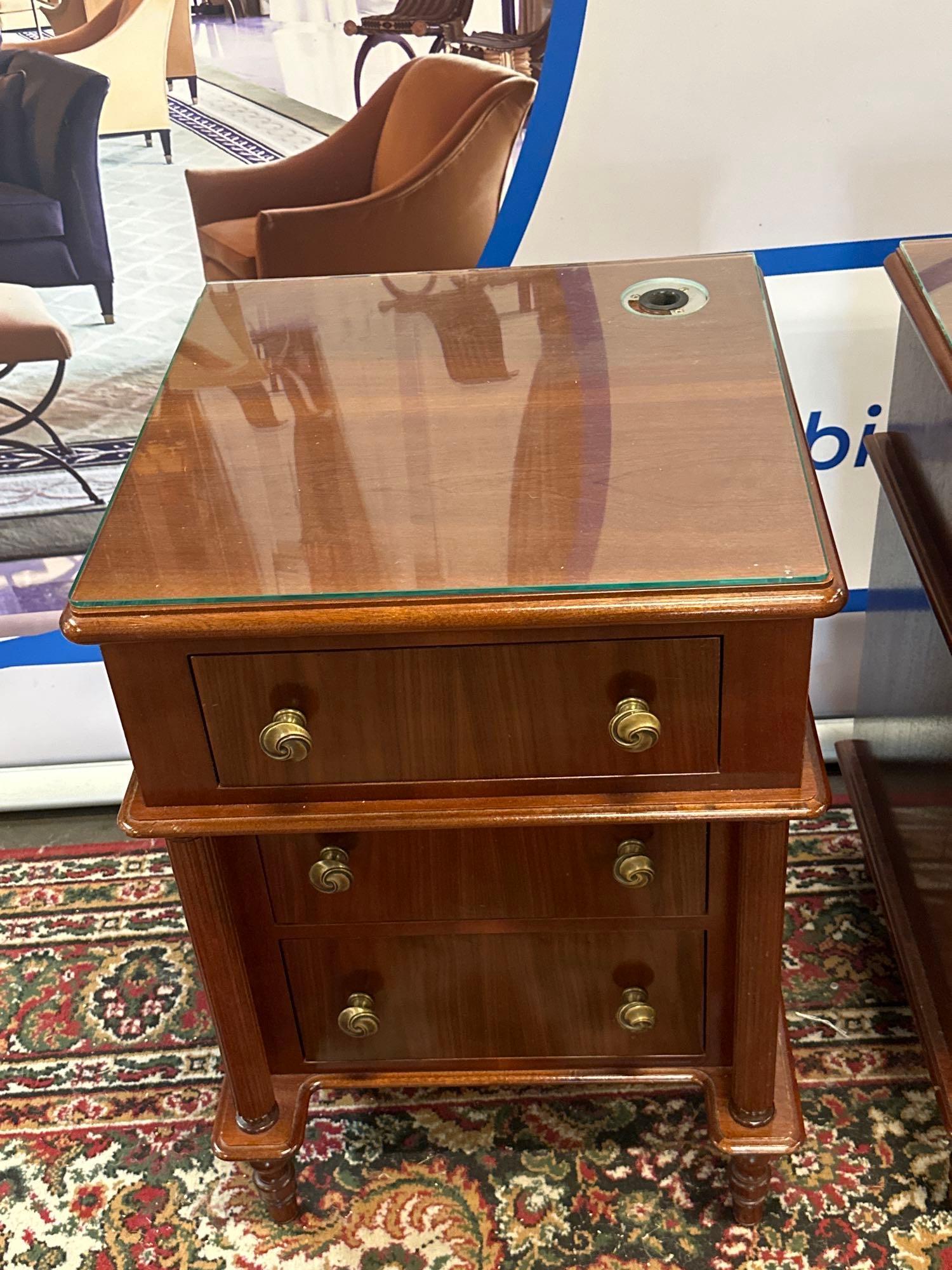 A Pair Of Walnut Three Drawer Bedside Cabinets With Glass Top, Brass Drawer Pulls Bespoke For The - Image 3 of 7