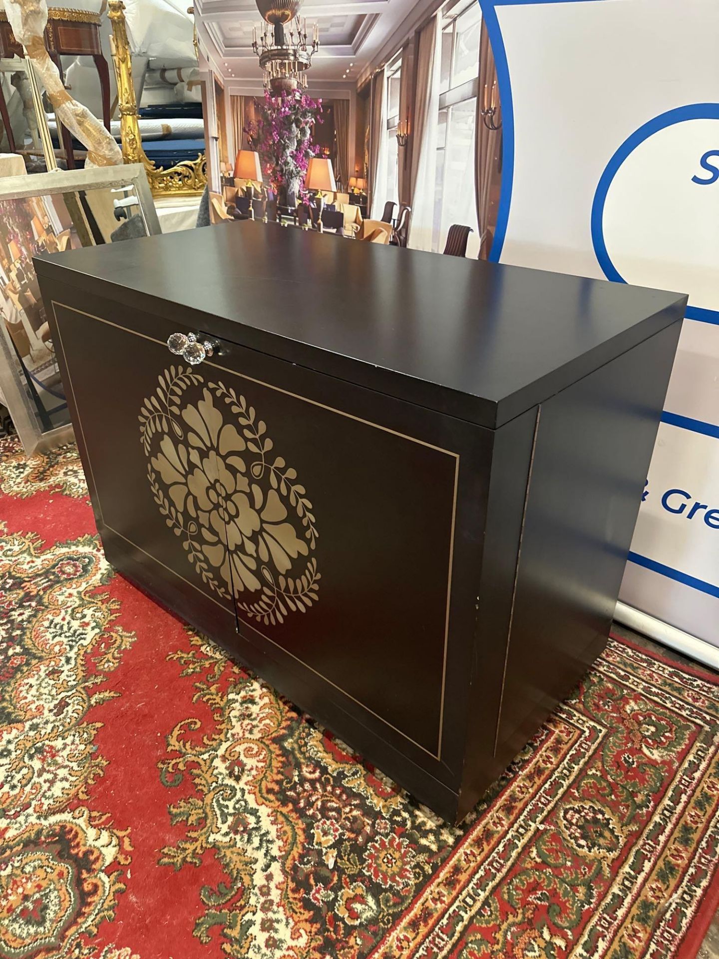 Black And Gold Wooden Two Door Mini Bar Cabinet With Crystal Door Handles, Pull Out Shelves And Soft - Image 3 of 10