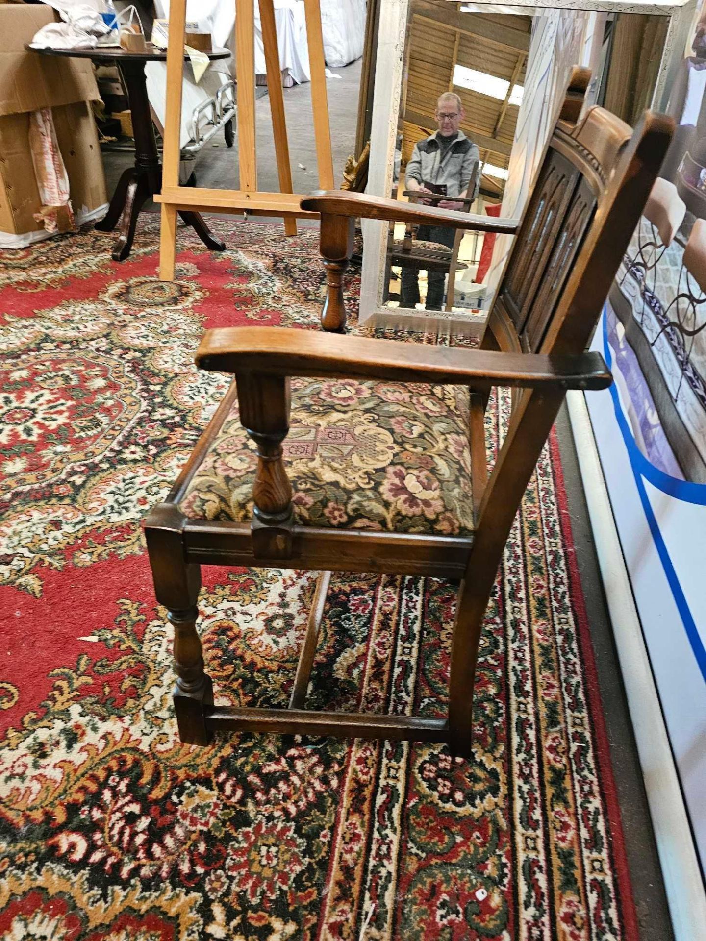 A Pair Of Oak Armchairs The Panelled Carved Back Below A Decorative Top Rail With A Tapestry - Image 4 of 6