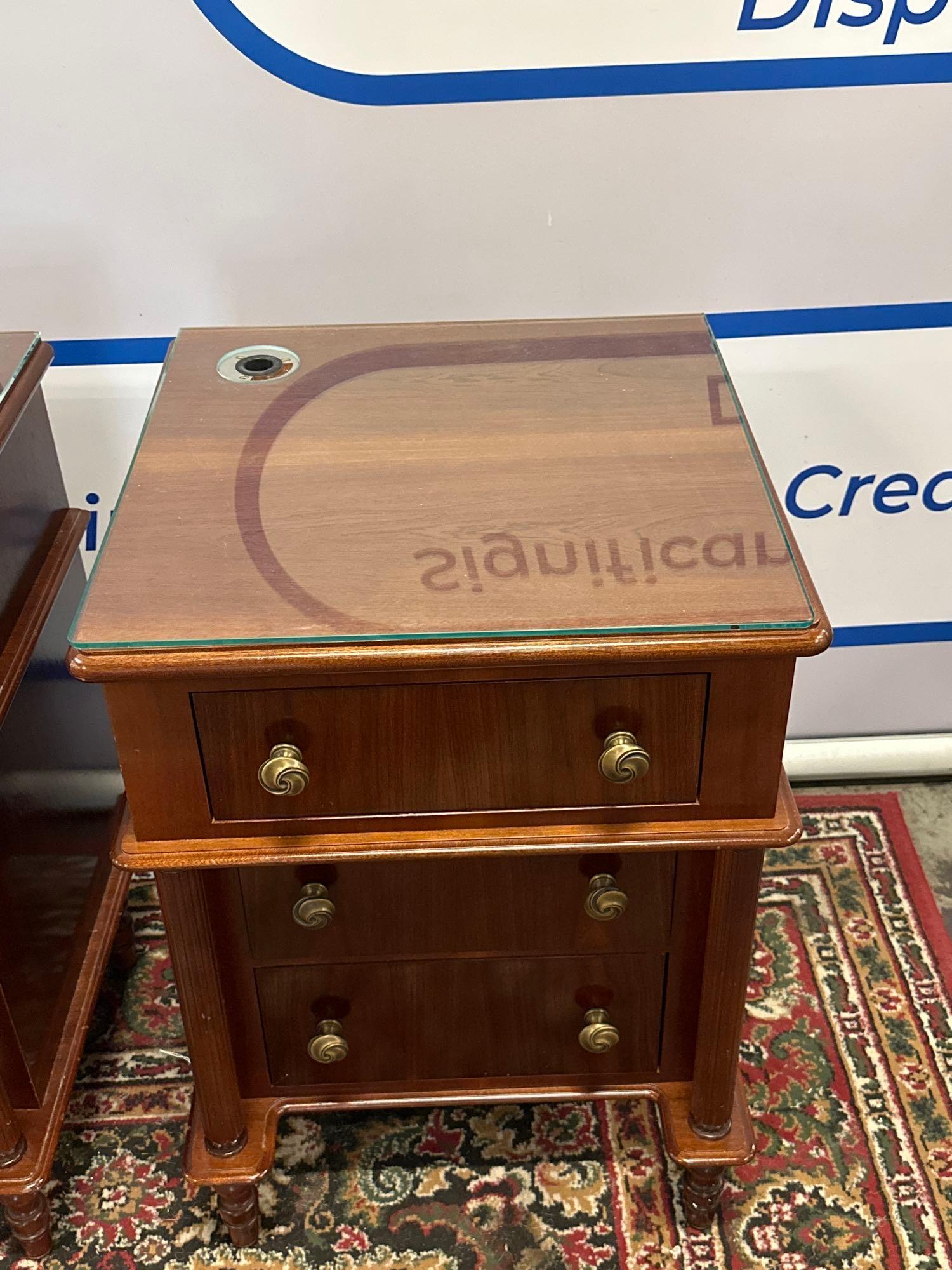 A Pair Of Walnut Three Drawer Bedside Cabinets With Glass Top, Brass Drawer Pulls Bespoke For The - Image 2 of 7