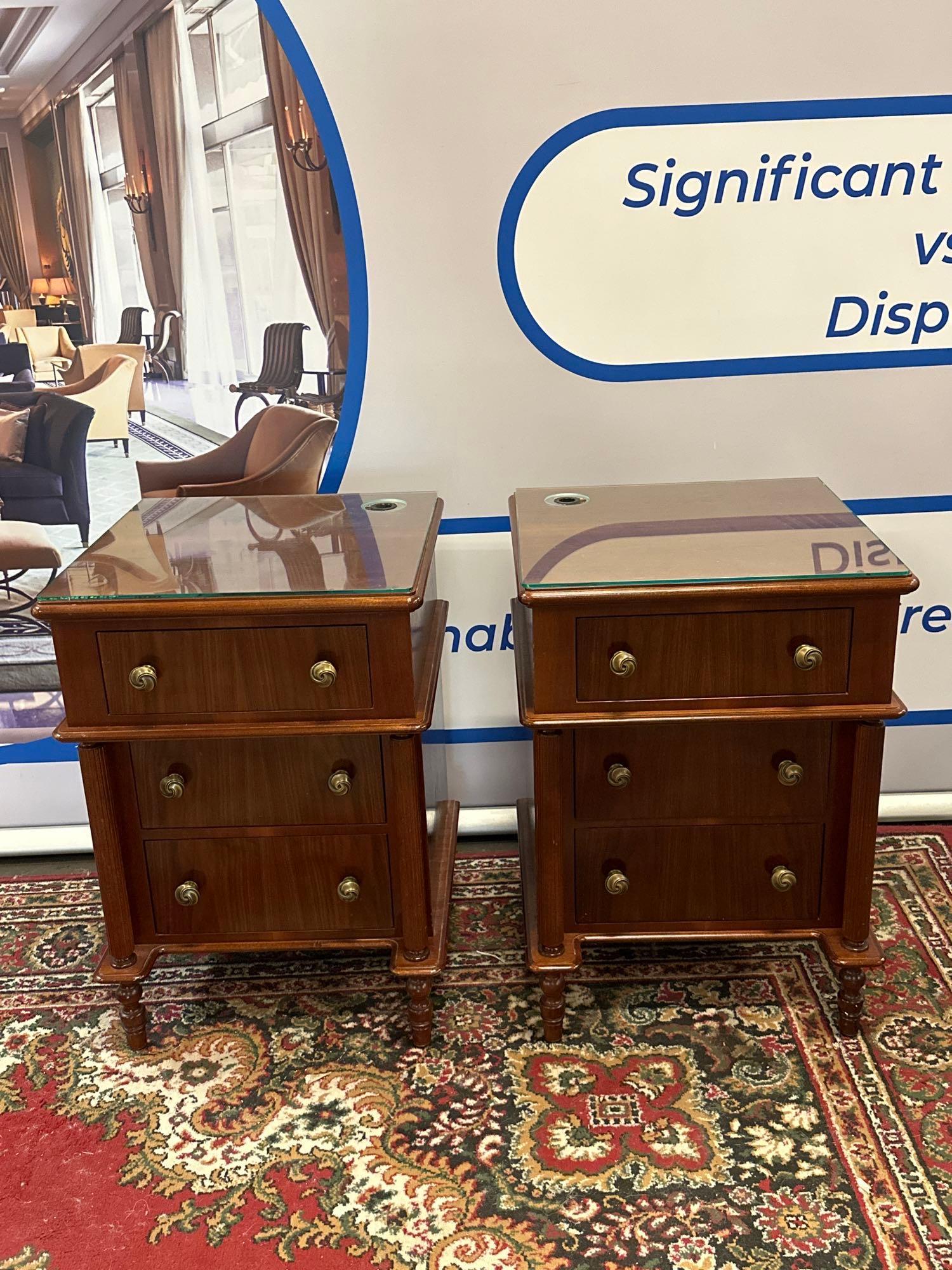 A Pair Of Walnut Three Drawer Bedside Cabinets With Glass Top, Brass Drawer Pulls Bespoke For The