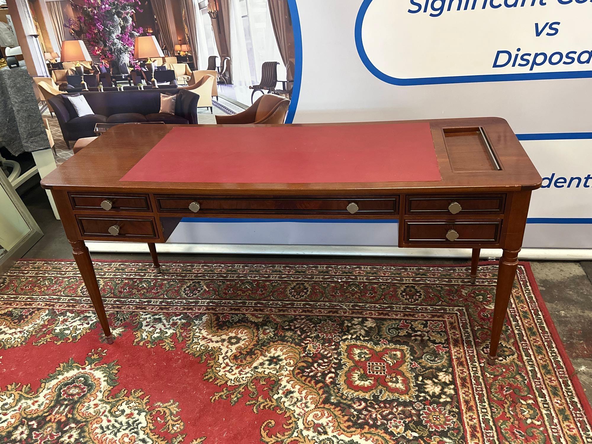 Bespoke For Mandarin Oriental London Writing Desk On Tapering Legs With Red Leather Inlay, 3 Lined