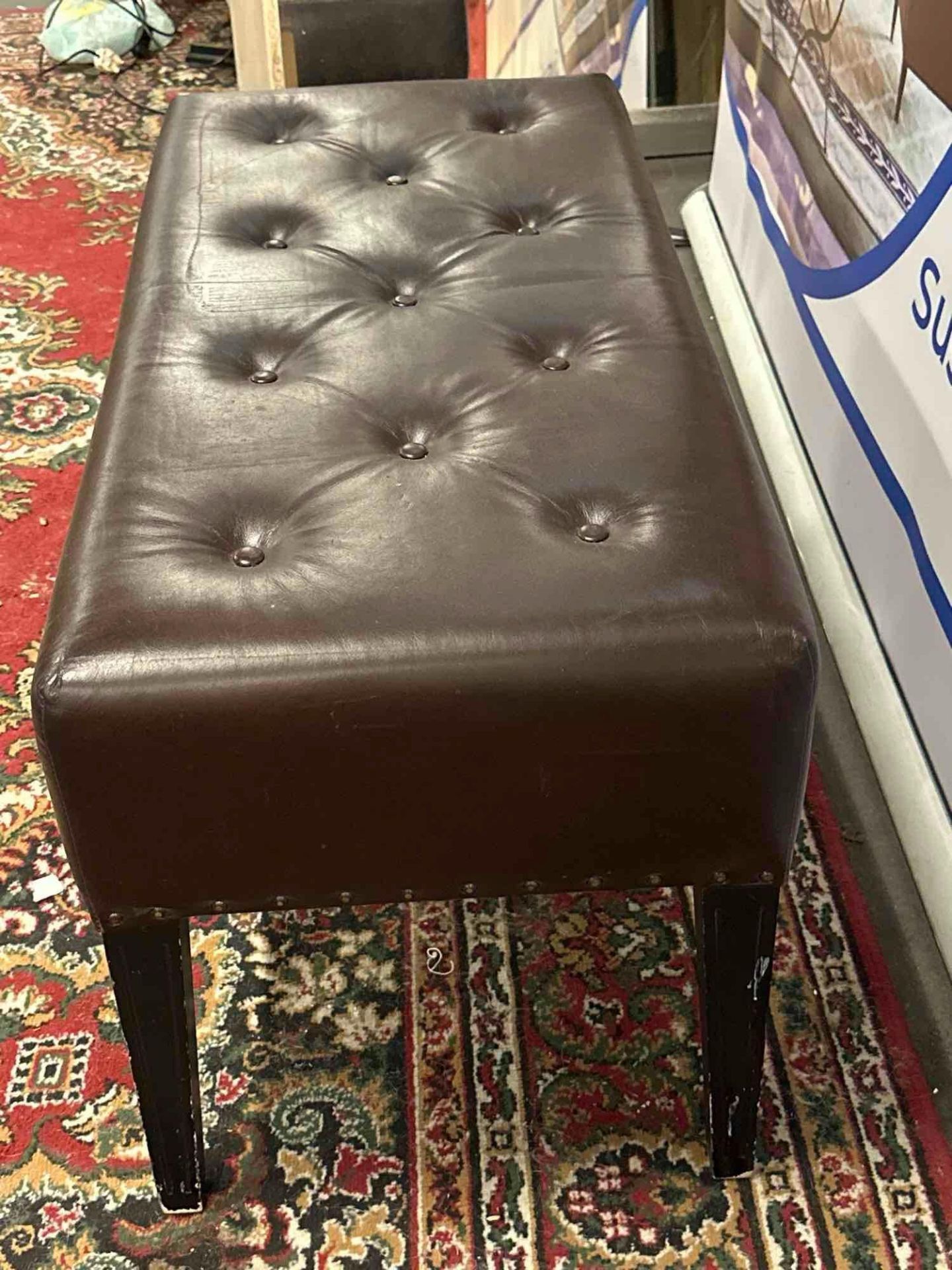 A Tufted Leather Dressing Bench On Hardwood Frame With Scroll Apron In Antique Brown Leather 100 x - Image 3 of 4