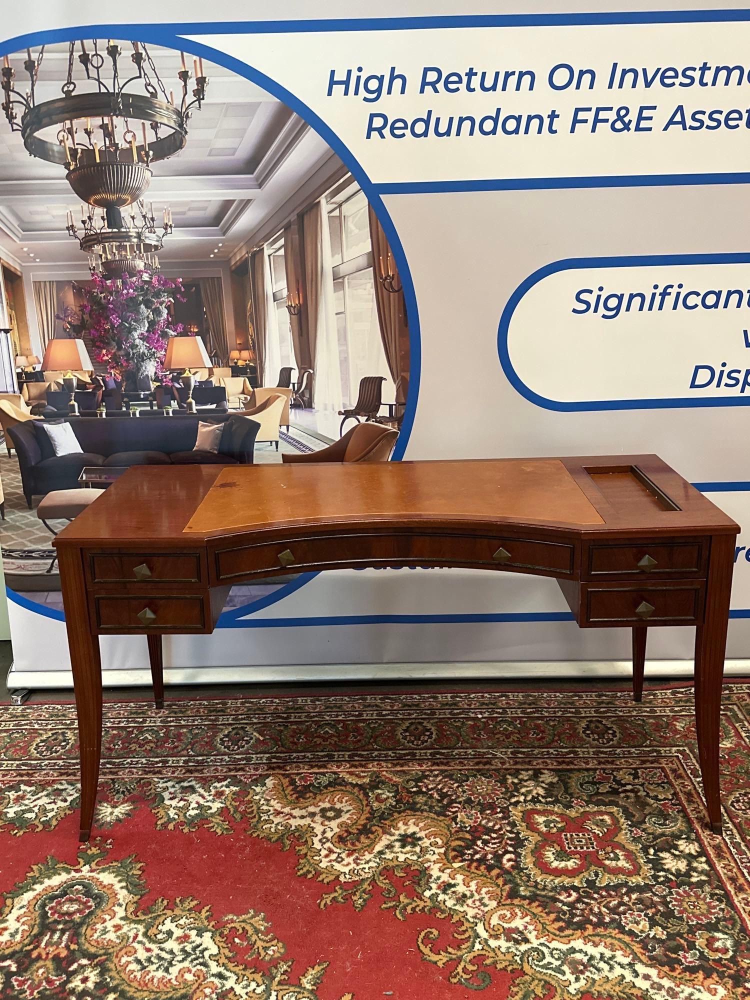 Bespoke For Mandarin Oriental London Writing Desk On Tapering Legs With Brown Leather Inlay, 3 Lined