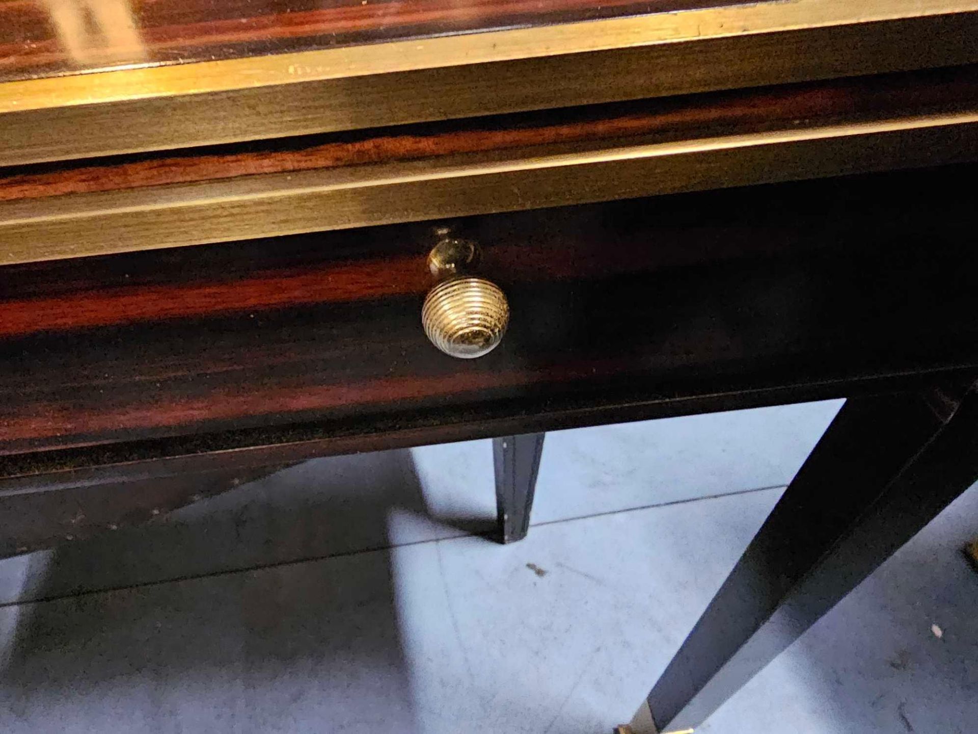 Writing Desk High Gloss Ebony Wood With Tooled Leather Inlay Faux Central Drawer Flanked By Single - Image 4 of 4