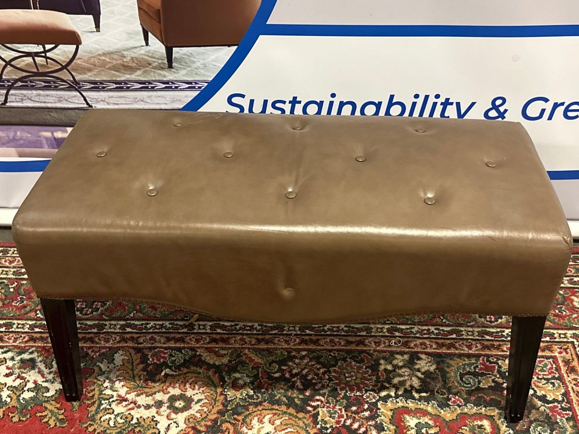 A Tufted Leather Dressing Bench On Hardwood Frame With Scroll Apron In Antique Caramel Leather 100 x