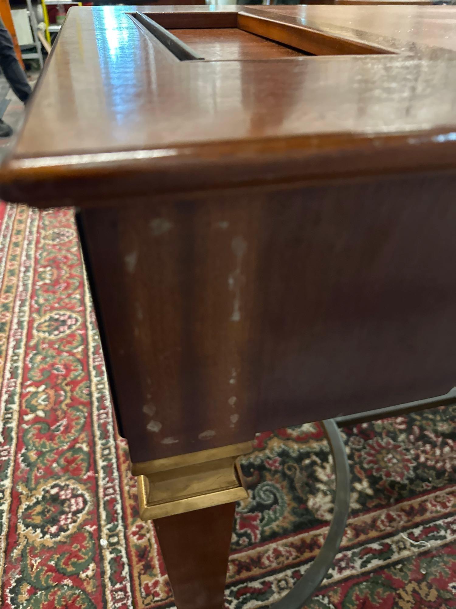 Writing Table With Leather Inlay, Soft Close Drawer On Tapering Legs And Brass Stretcher And - Image 4 of 8