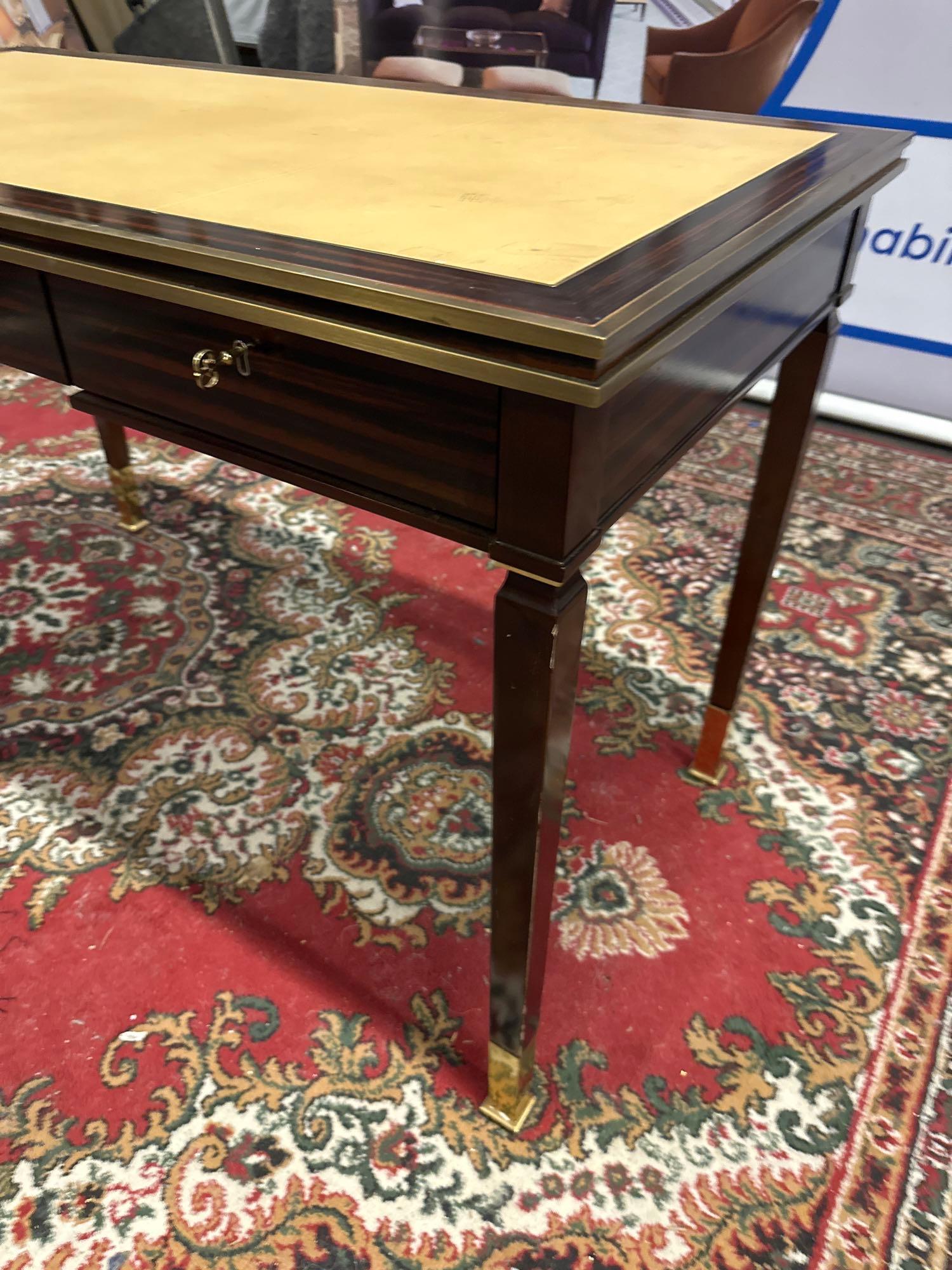 Writing Desk High Gloss Ebony Wood With Tooled Leather Inlay Faux Central Drawer Flanked By Single - Bild 4 aus 4