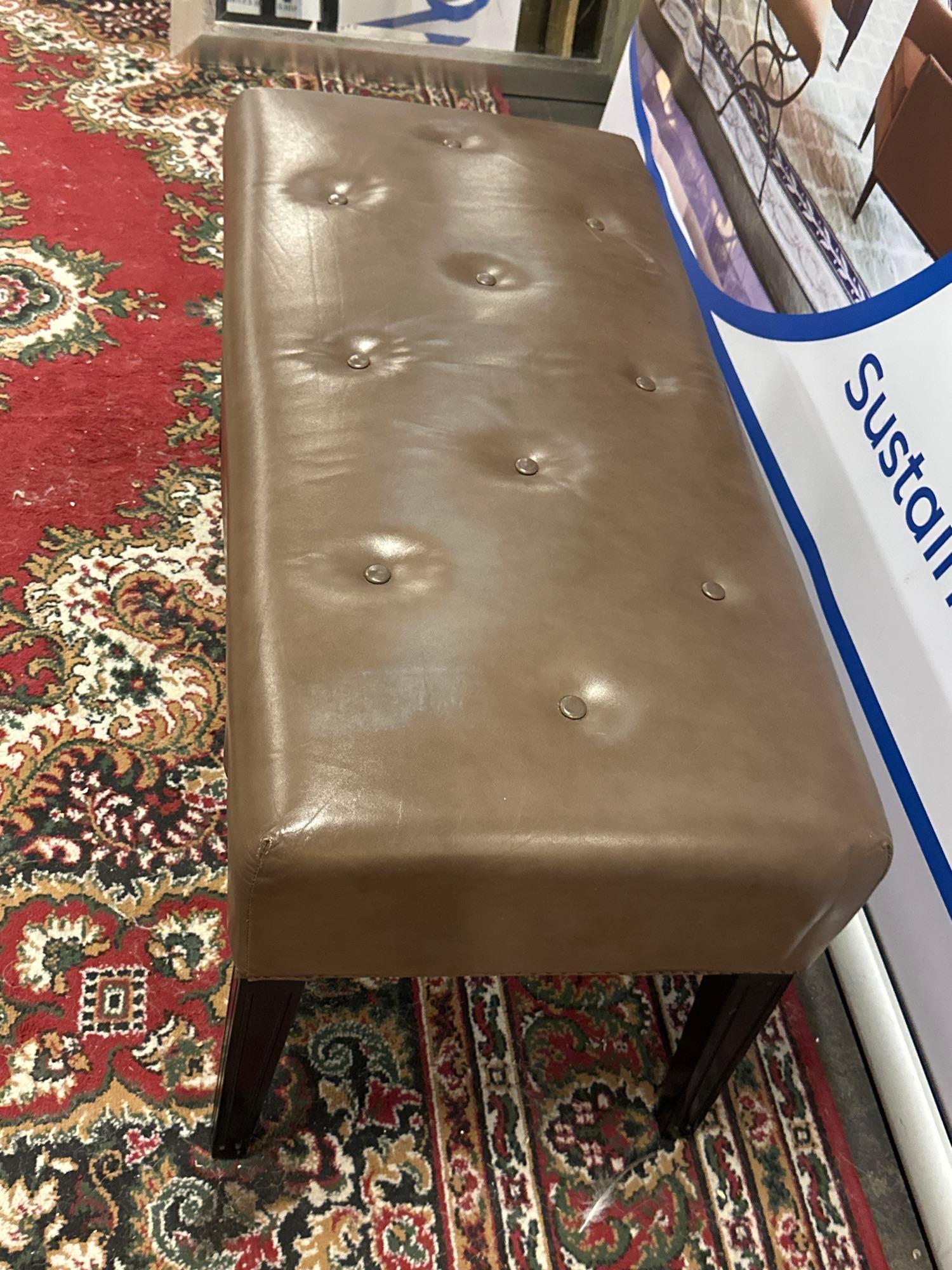 A Tufted Leather Dressing Bench On Hardwood Frame With Scroll Apron In Antique Caramel Leather 100 x - Image 2 of 4