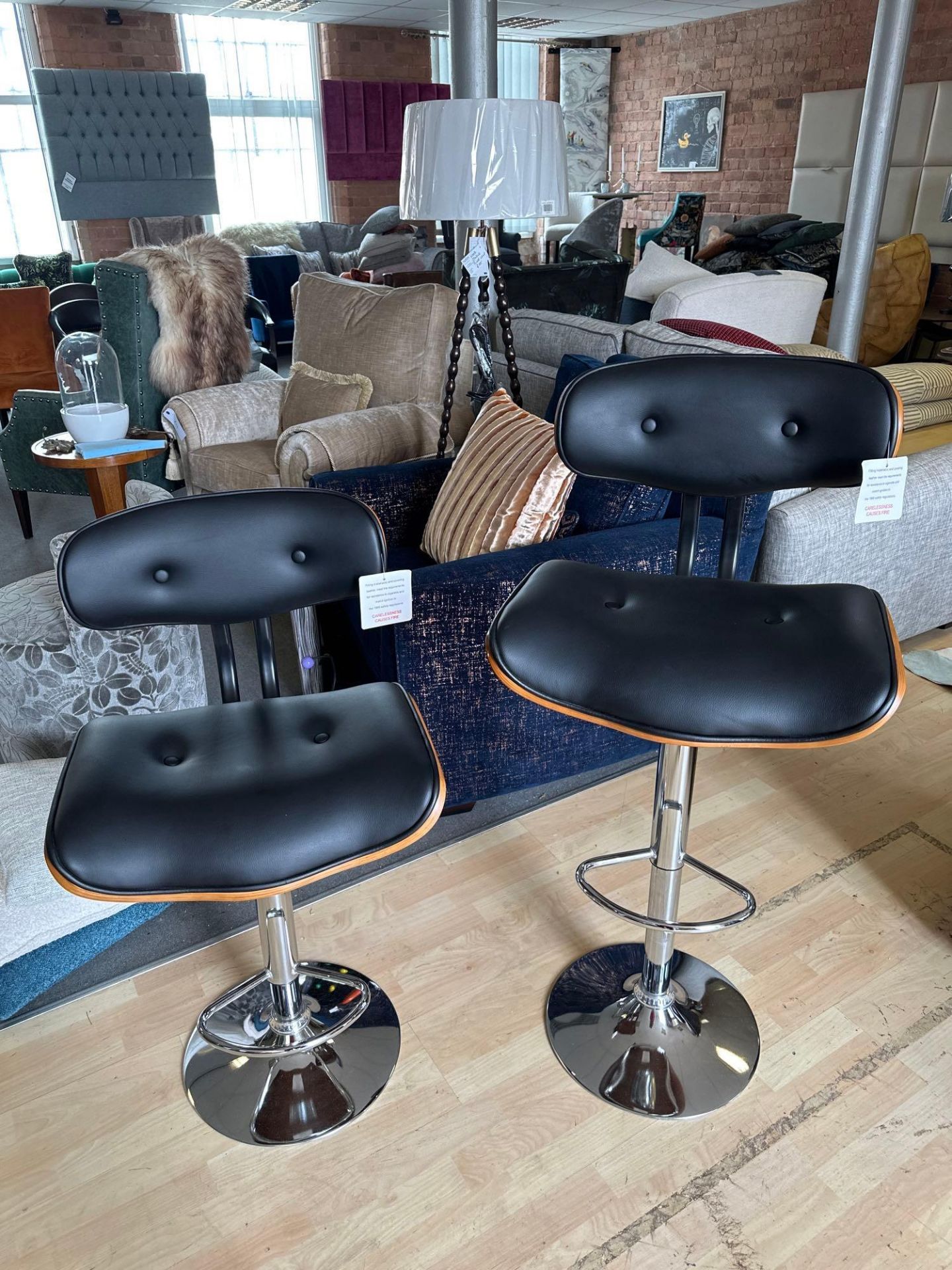 A Pair Of Wooden Gas Lift Bar Stool Black PU Leather Bar Stool With Chrome Base Featuring A Wooden - Image 2 of 5