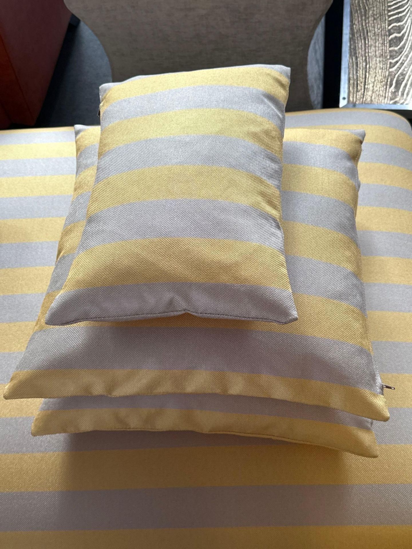 3 x Scatter Cushions In A Yellow Wide Stripe Fabric 1 x 40 x 30cm And 2 x 45 x 45cm
