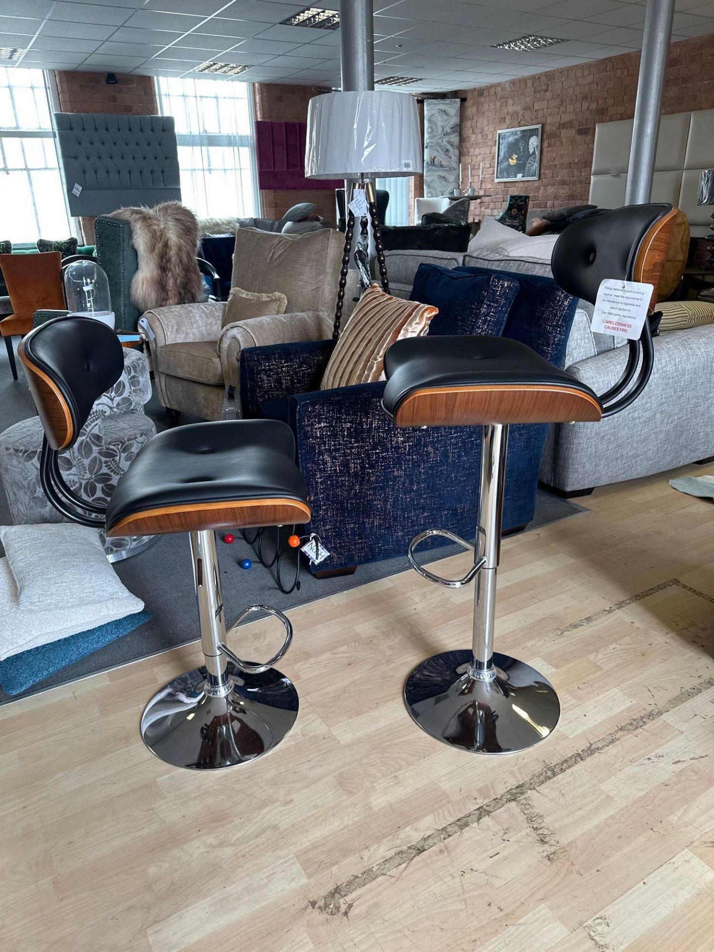 A Pair Of Wooden Gas Lift Bar Stool Black PU Leather Bar Stool With Chrome Base Featuring A Wooden - Image 3 of 5