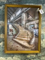 Tempered Glass Print Of The 'Behaviourism Study Of Abandoned Power Plant Staircase'. This Is Not