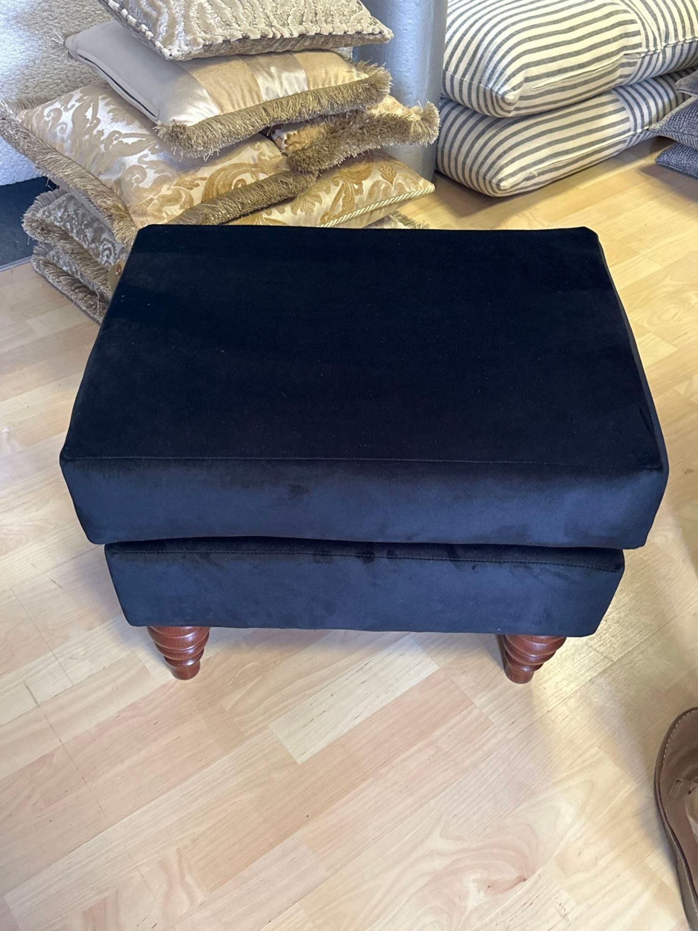Accent Footstool In Midnight Black Velvet. Expertly Crafted, This Exquisite Footstool Boasts A