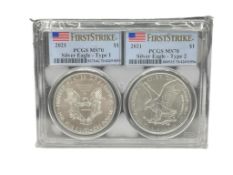 2021 AMERICAN SILVER EAGLE TWO COIN SET FEATURING TYPE 1 AND TYPE 2 BOTH GRADED BY PCGS MS70