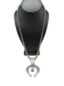 VINTAGE NAVAJO STERLING SILVER TURQUOISE NAJA PENDANT WITH STERLING SILVER BEAD NECKLACE