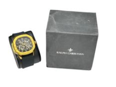 NEW IN BOX RALPH CHRISTIAN GOLD TONE SKELETON FACE WRISTWATCH