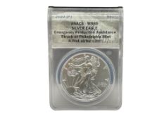 2020-P AMERICAN SILVER EAGLE EMERGENCY PRODUCTION ASSISTANCE ANACS MS69 FIRST STRIKE