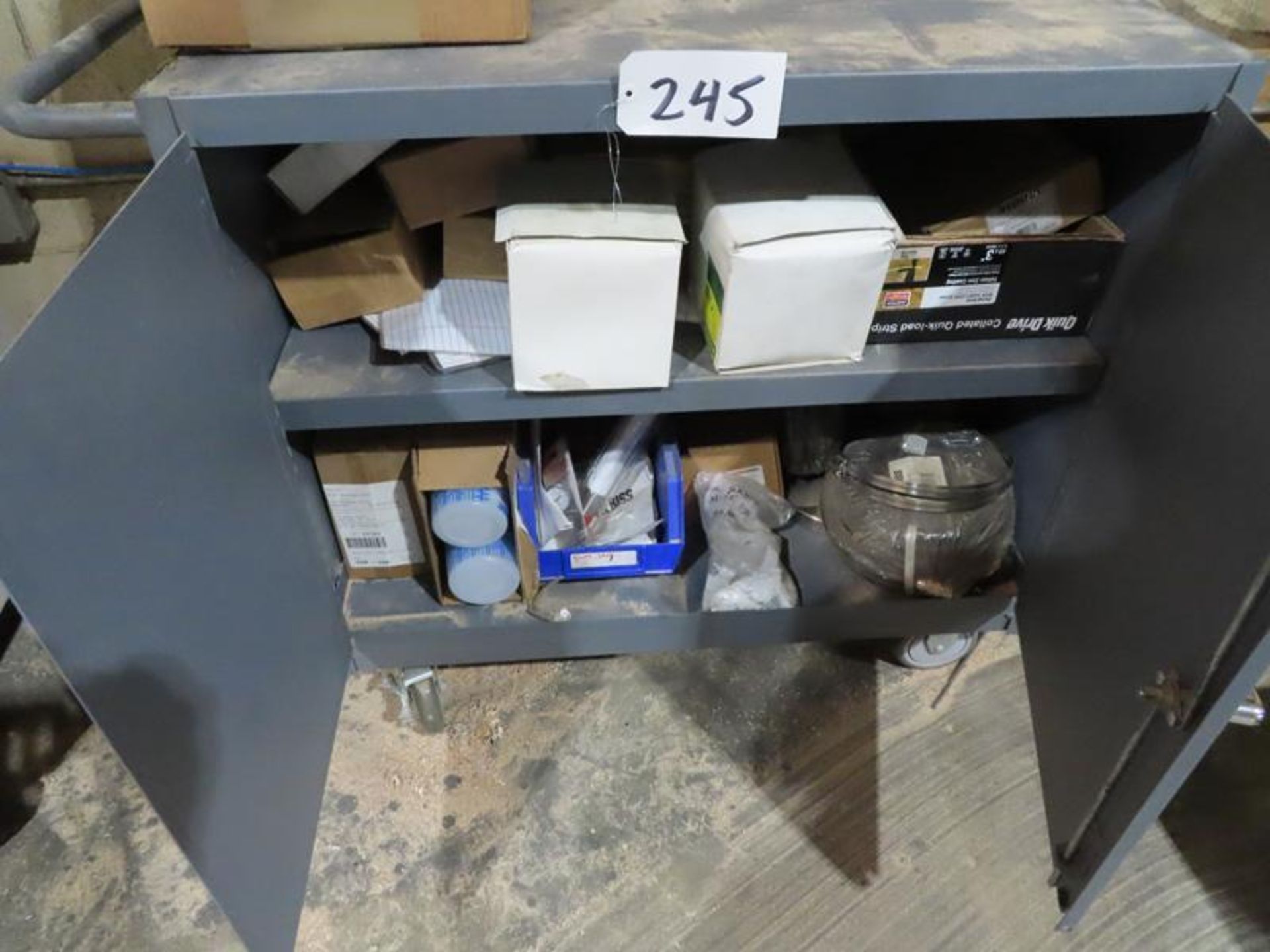 2-Door Heavy Duty Rolling Cabinet, W/ Paint Cups, Filters, Etc.