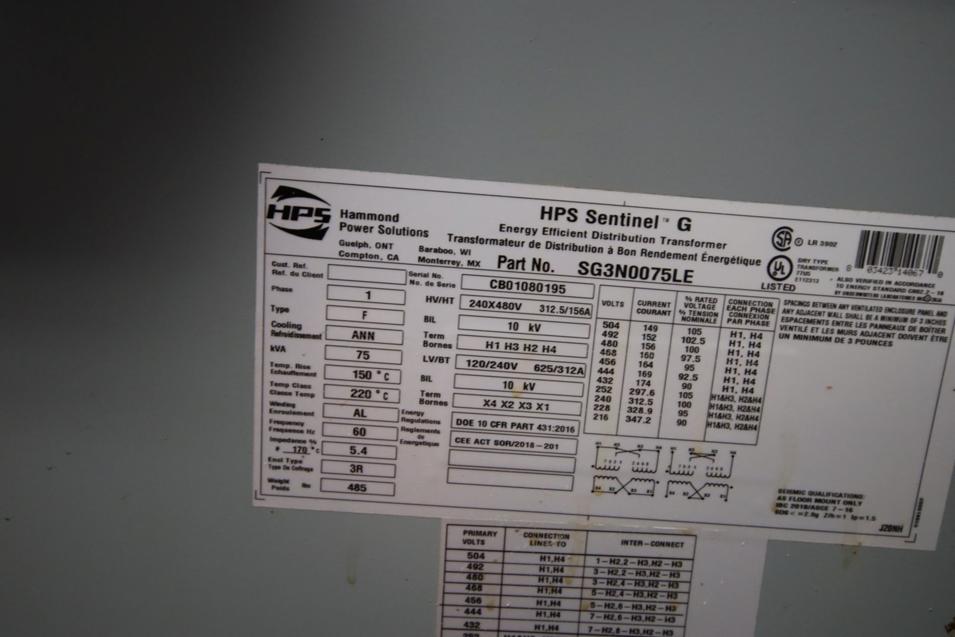 2019 HPS Dry Type Transformer, 75 KVA, High 240 x 480V, Low 120/240V - Image 2 of 3