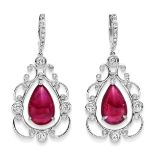 Pair of ruby ear pendants with diamonds