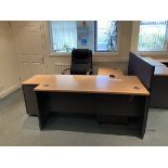 Slab side desk (1600mm) with return unit, three drawer pedestal, gas lift office chair, freestanding