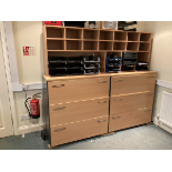 Wooden filing system comprising: 2 x lateral filing cabinets, pigeon hole post unit (7x2 holes), sto