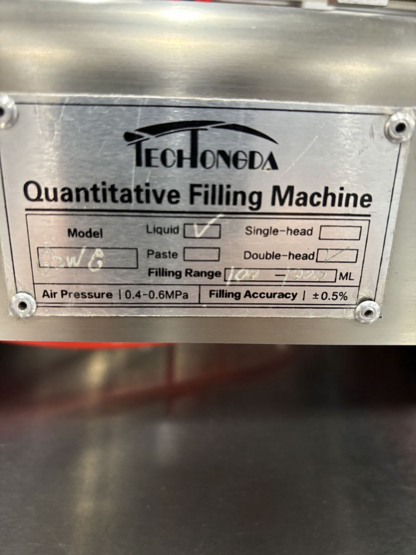 Unused TechTongda Dual Head Liquid Filling Machine filling range 100-1000ML - Image 5 of 6