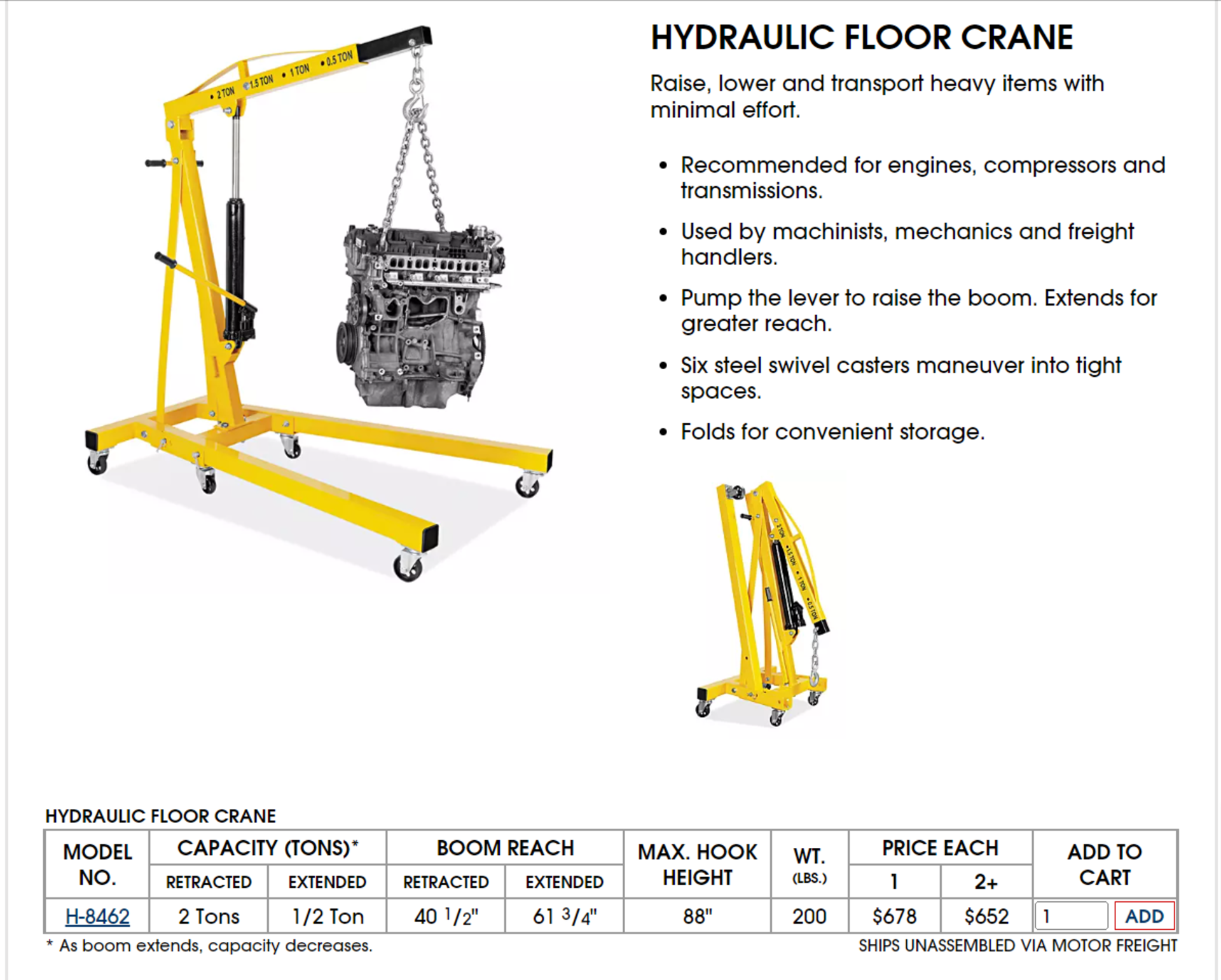 Hydraulic Floor Crane - Uline Model H-8462 New in OEM Crate