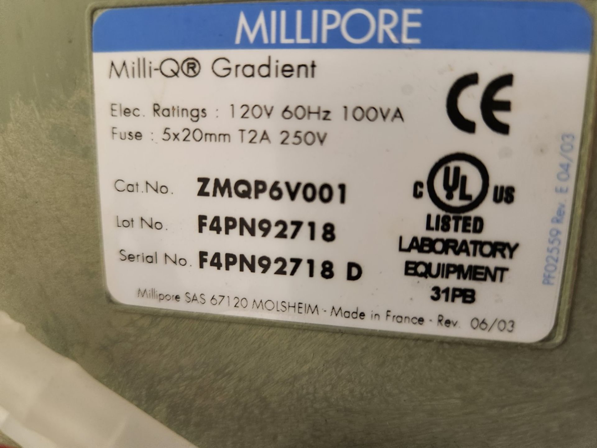 Millipore Milli-Q Gradient laboratory benchtop water filter, with dispenser on stand, serial# - Image 2 of 7