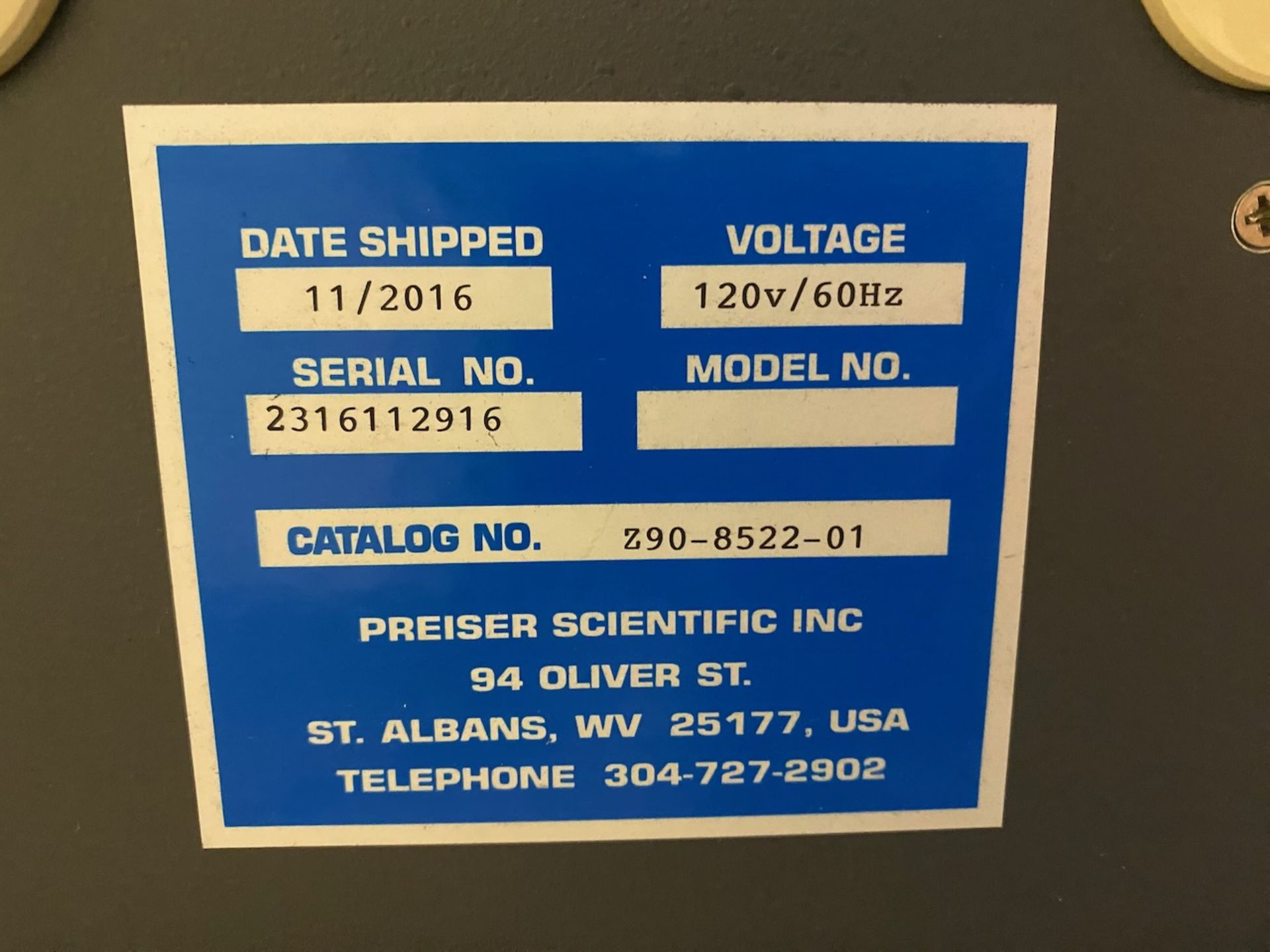 Preiser Scientific volatile matter furnace, CAT # Z90-8522-01, made in 2016, S/N 2316112916. {TAG: - Image 9 of 9