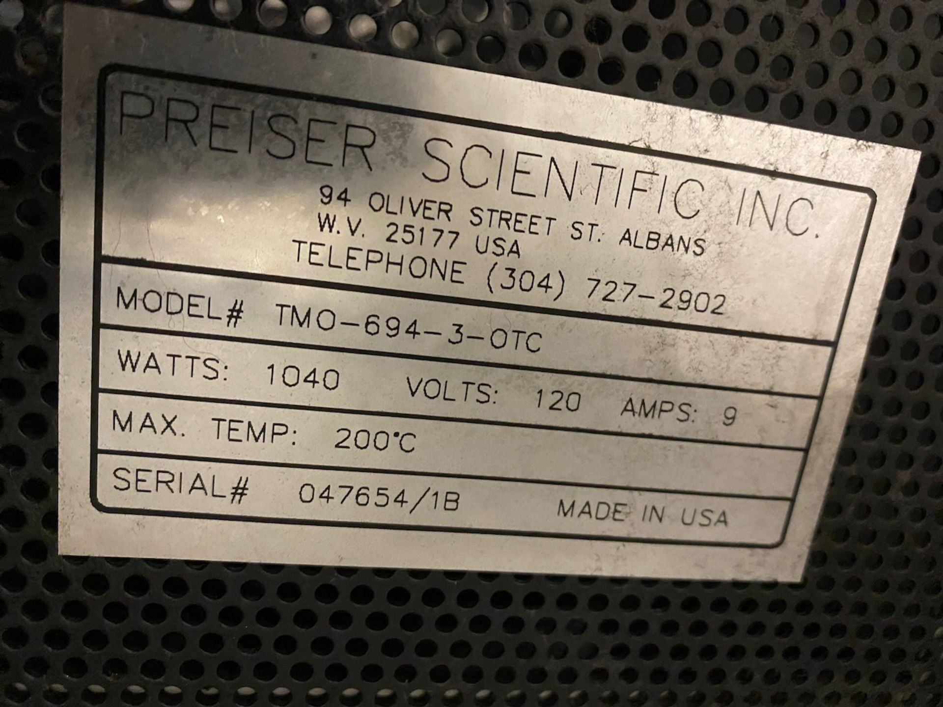 Preiser Scientific 200C oven, model TMO-694-3-OTC, 10" x 8" diameter chamber, S/N 047654/1B. {TAG: - Image 4 of 4