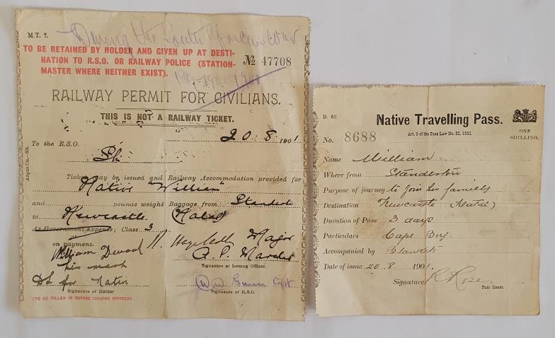 [Rare South African Railway permits issued in 1901 during the Boer War]. Railway Permit for
