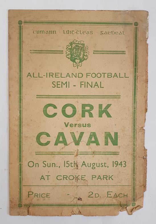 1943 All-Ireland Semi-Final Gaelic Football Programme. . Croke Park, Cork v. Cavan. Original printed