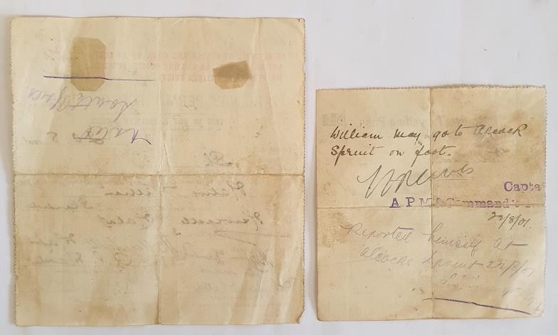 [Rare South African Railway permits issued in 1901 during the Boer War]. Railway Permit for - Image 2 of 2