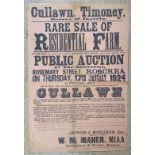 Large Auction poster of residential farm at Cullawn, Timoney Roscrea; 50cmx 75cms on 17/1/1924; Wm