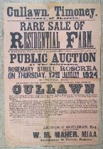 Large Auction poster of residential farm at Cullawn, Timoney Roscrea; 50cmx 75cms on 17/1/1924; Wm