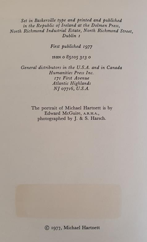 Poems in English Hartnett, Michael Published by Dolmen Press, 1977. 1st Ed . HB DJ - Image 3 of 3