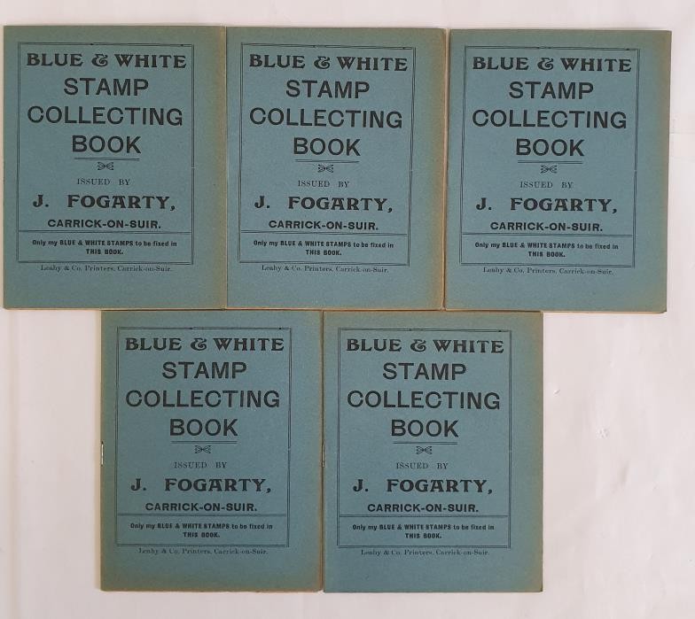 [5 copies of a rare Tipperary survivor]. Blue & White Stamp Collecting book. Issued by J. Fogarty,