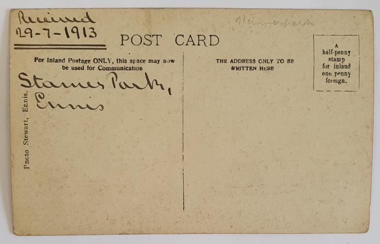 Clare Interest. Handwritten note, ‘Stamer Park, Ennis. Received 29-7-1913’. Black and white - Image 2 of 2
