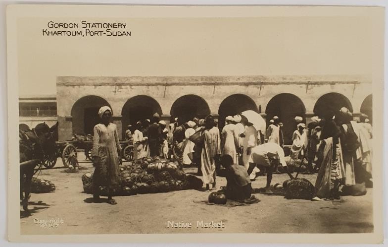 Native Market. Gordon Stationery Khartoum, Port-Sudan. Black and white, unused. Circa 1920